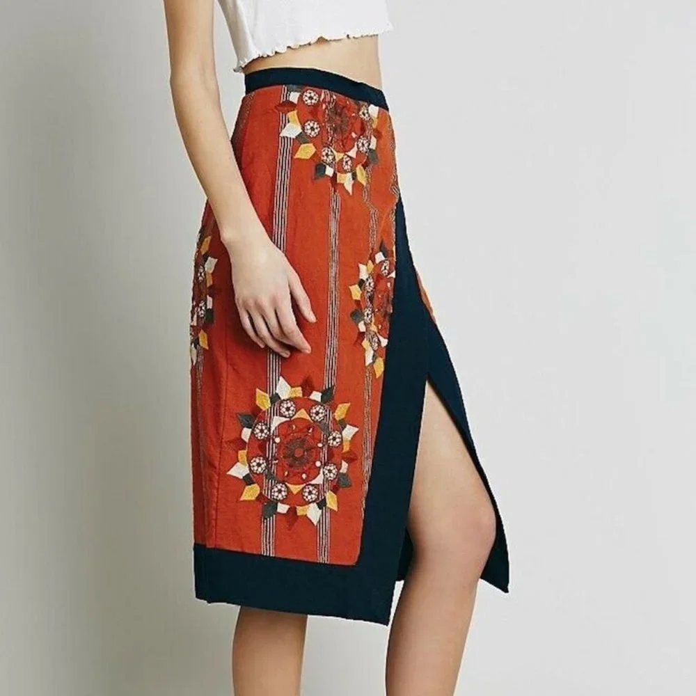 NWOT Free People Songbird Embroidered Cotton Wrap Skirt